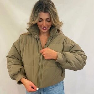 Le Lis Olive Green Cropped Puffer Jacket
